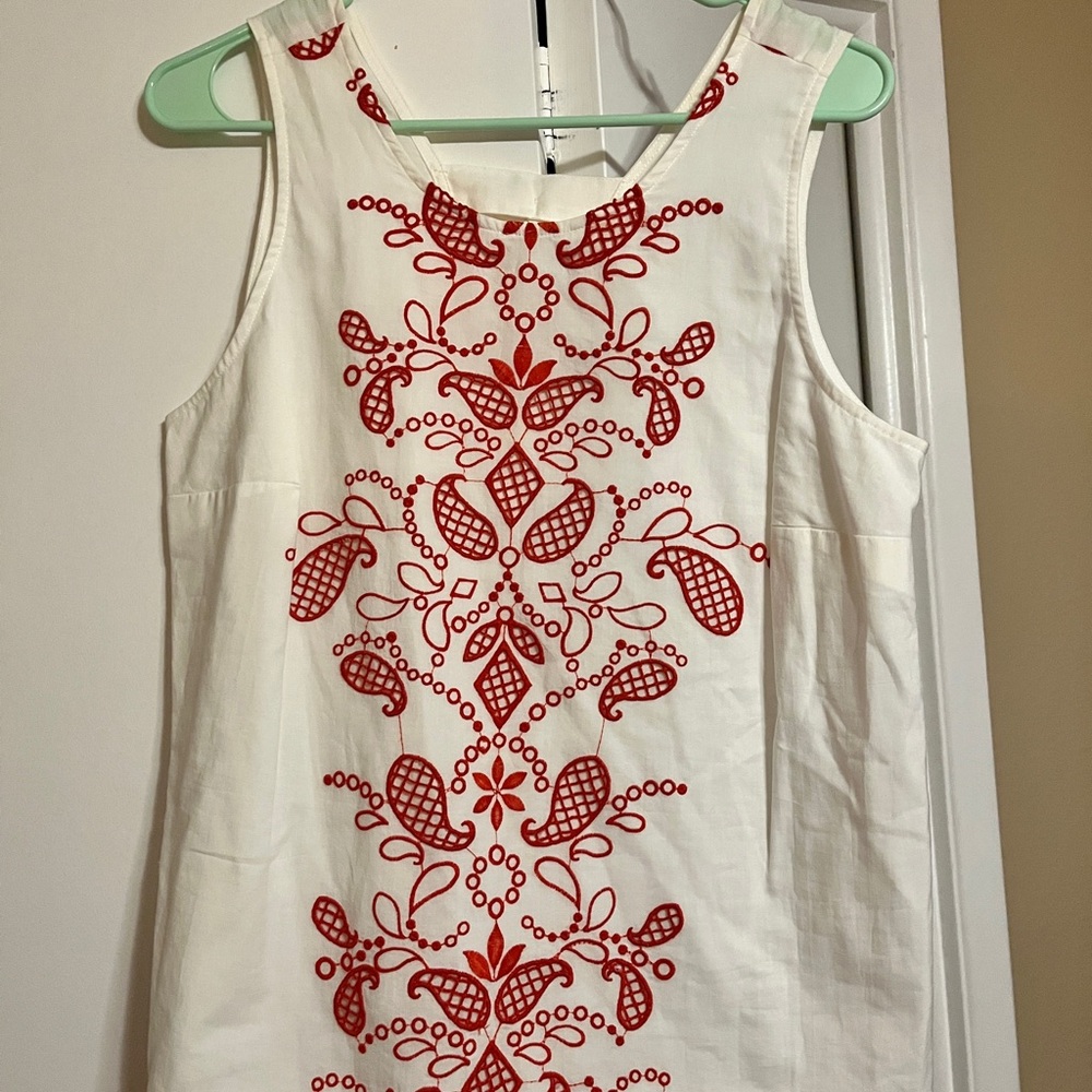 White Sleeveless Top with Red Embroidery